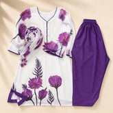 Purple Floral Printed White 3-Piece Hand Printed Lawn Stiched Suit with Dupatta