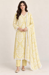 Luxury Lemon Yellow Pure Thread Embroidered 3-Piece Suit .