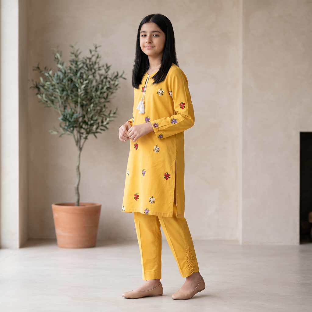 Traditional Mustard Yellow Embroidered 2-Piece Outfit