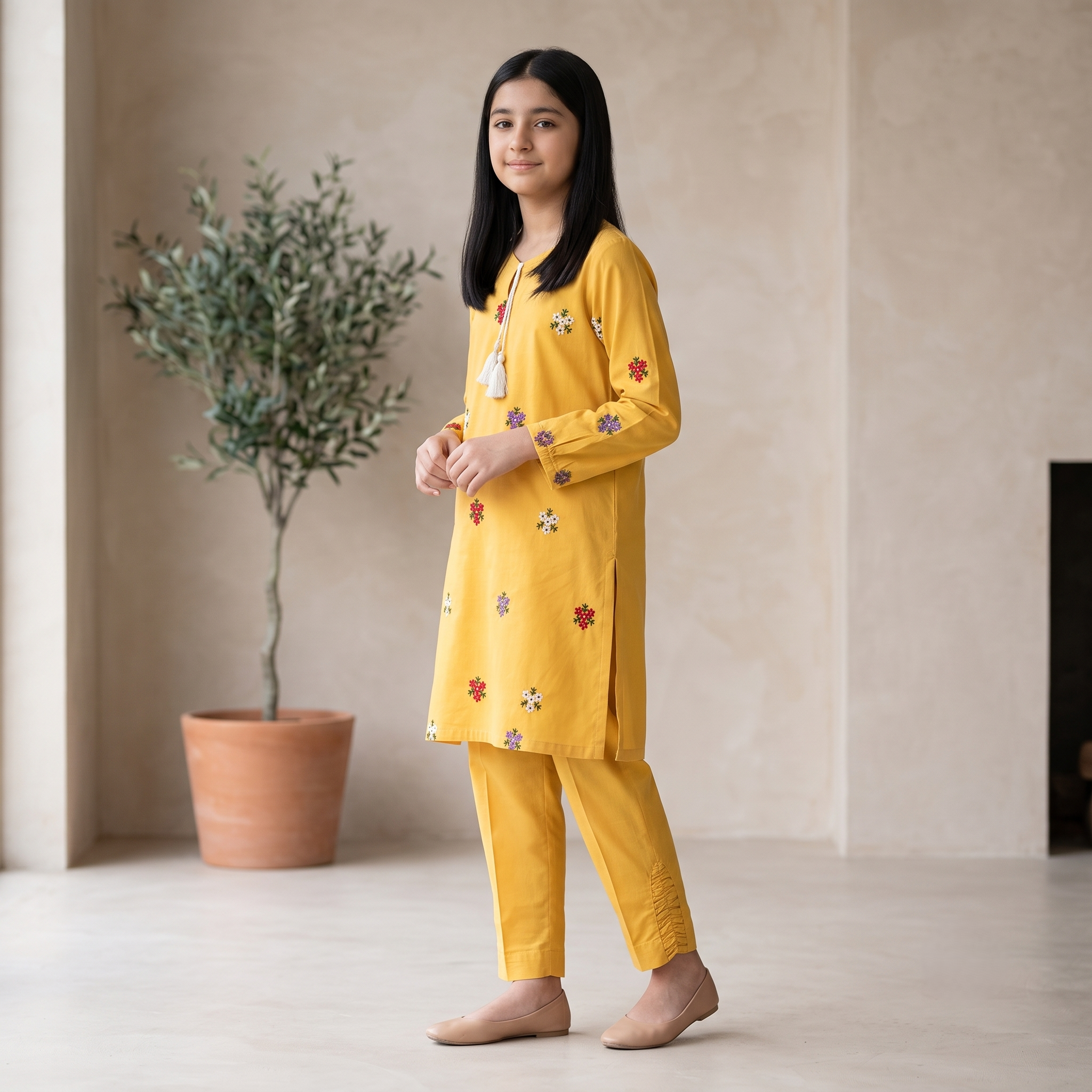 Traditional Mustard Yellow Embroidered 2-Piece Outfit