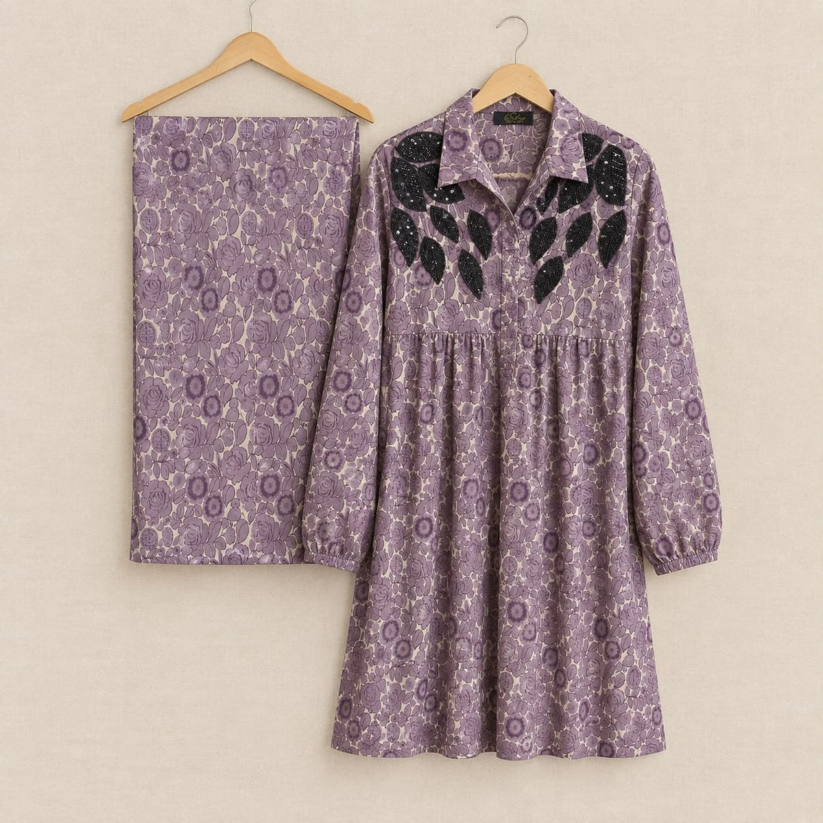 Lavender Floral Printed Co-Ord Set with Elegant  Detail On China Patti Fabric .