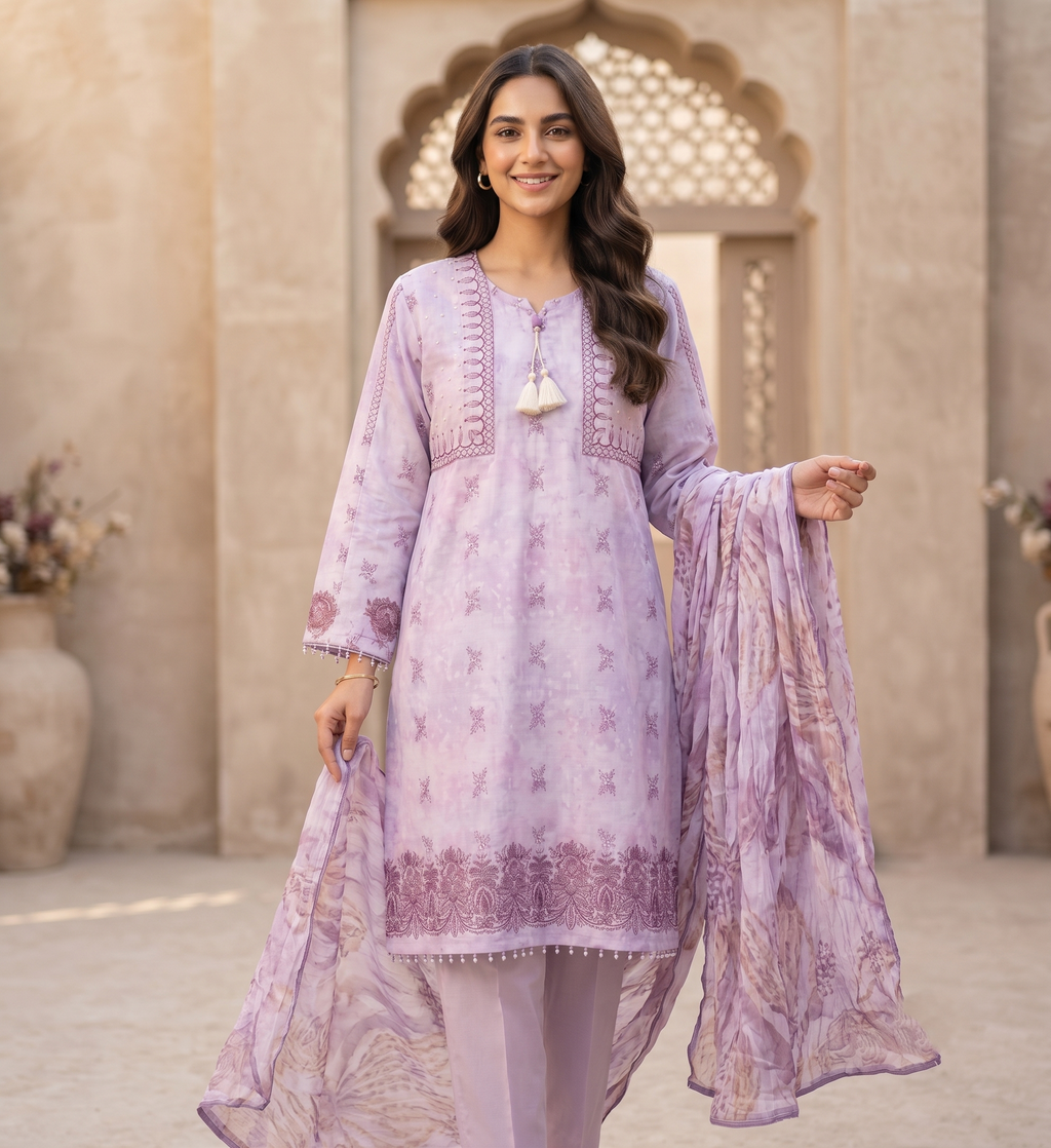 Elegant Pastel Purple Embroidered Kurti, Trouser, and Dupatta Set
