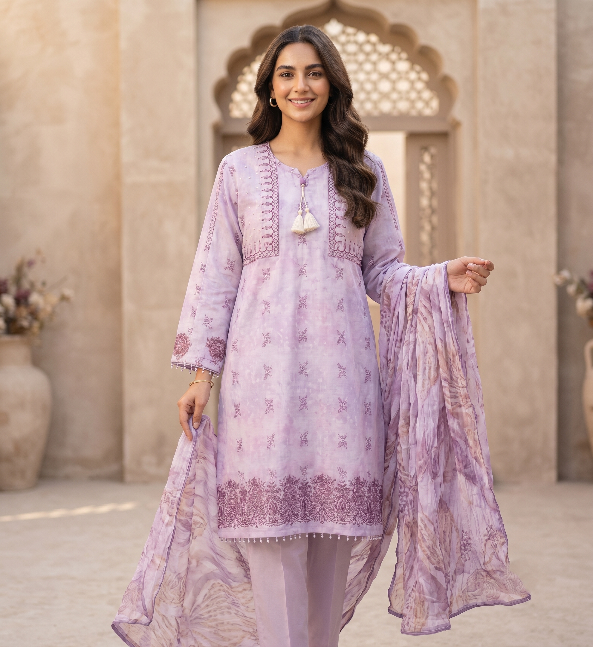 Elegant Pastel Purple Embroidered Kurti, Trouser, and Dupatta Set