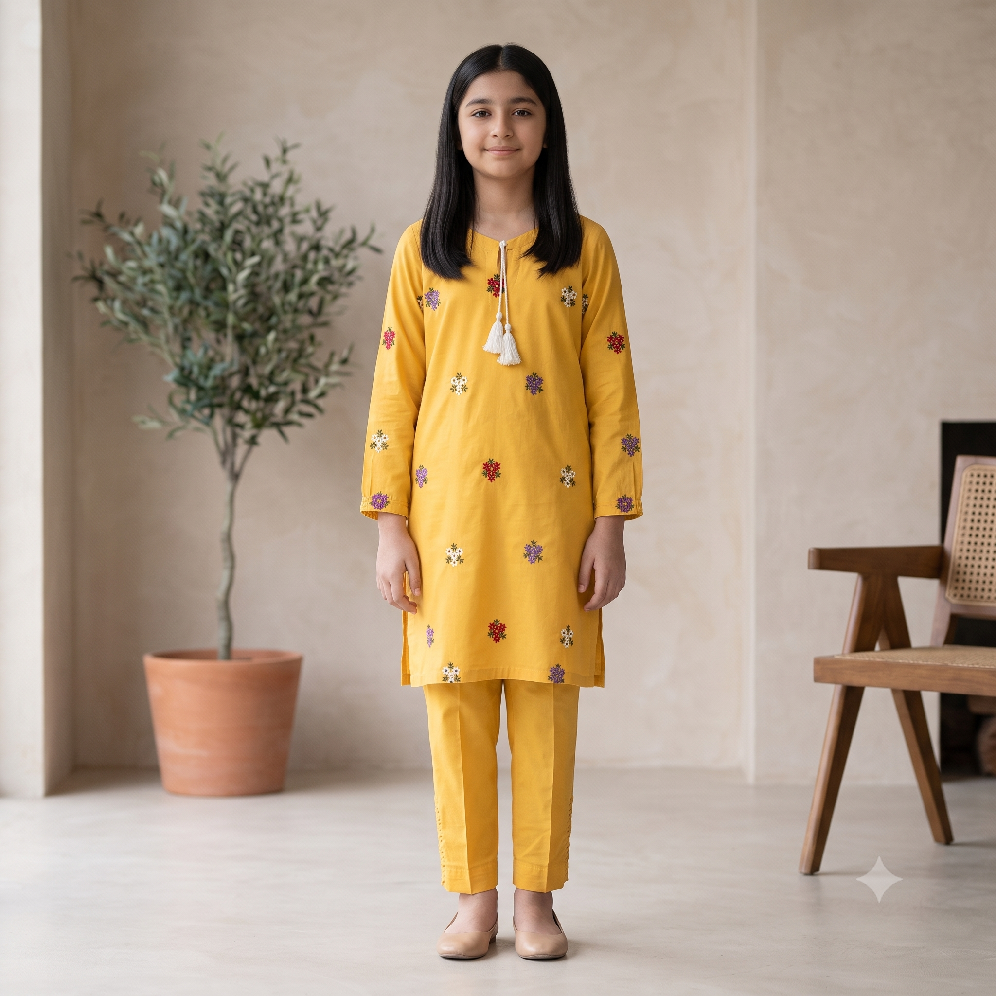Traditional Mustard Yellow Embroidered 2-Piece Outfit