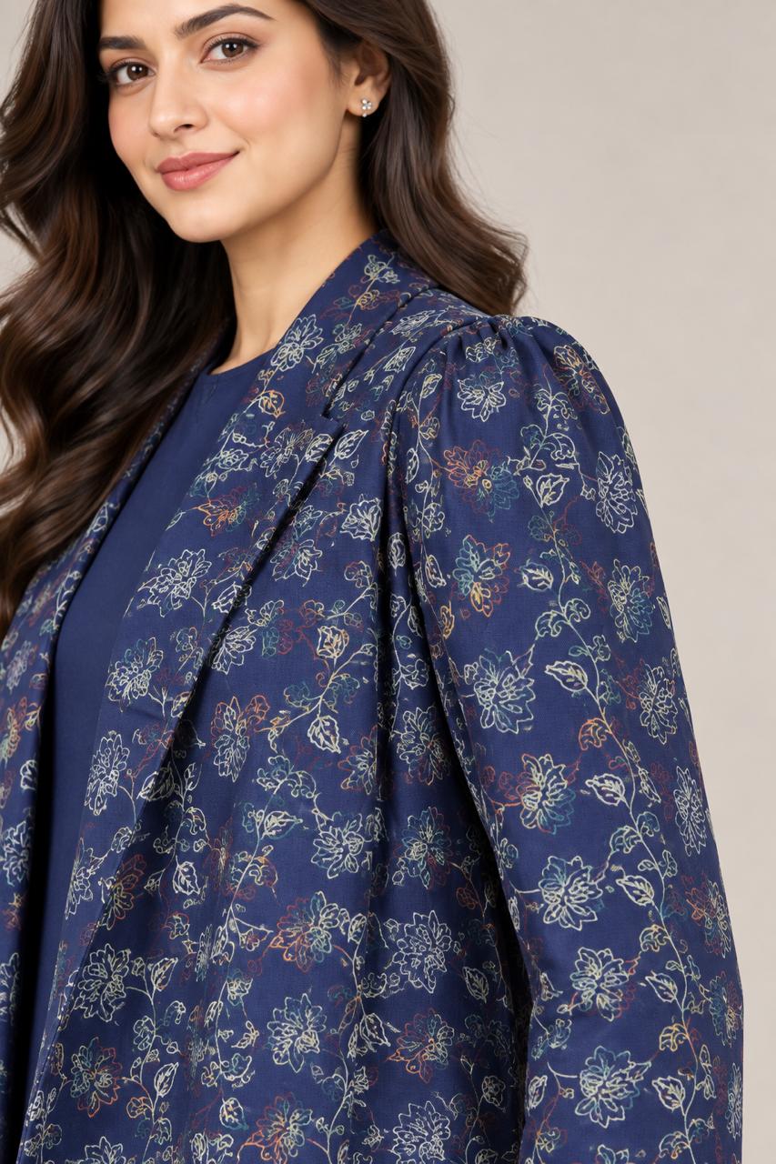 Navy Blue Floral Embroidery 3-Piece Kurta Set.