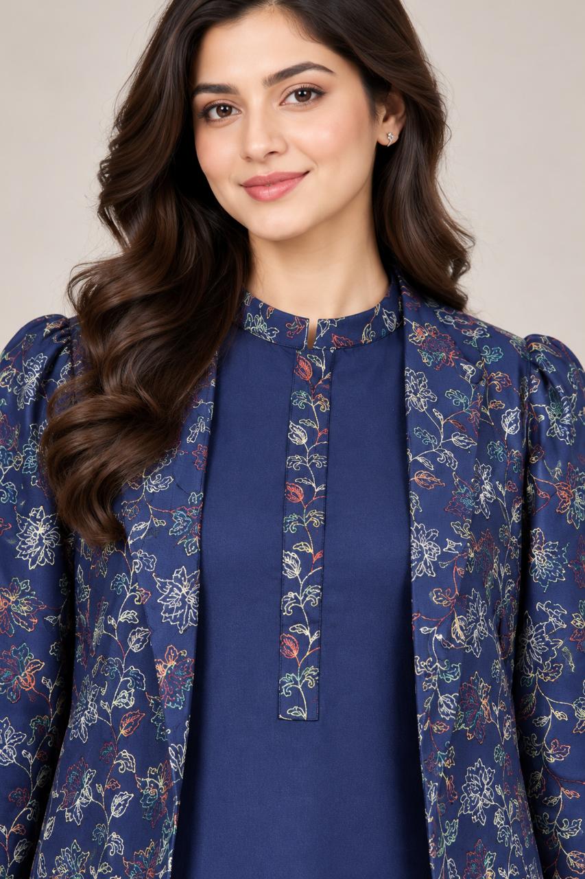 Navy Blue Floral Embroidery 3-Piece Kurta Set.