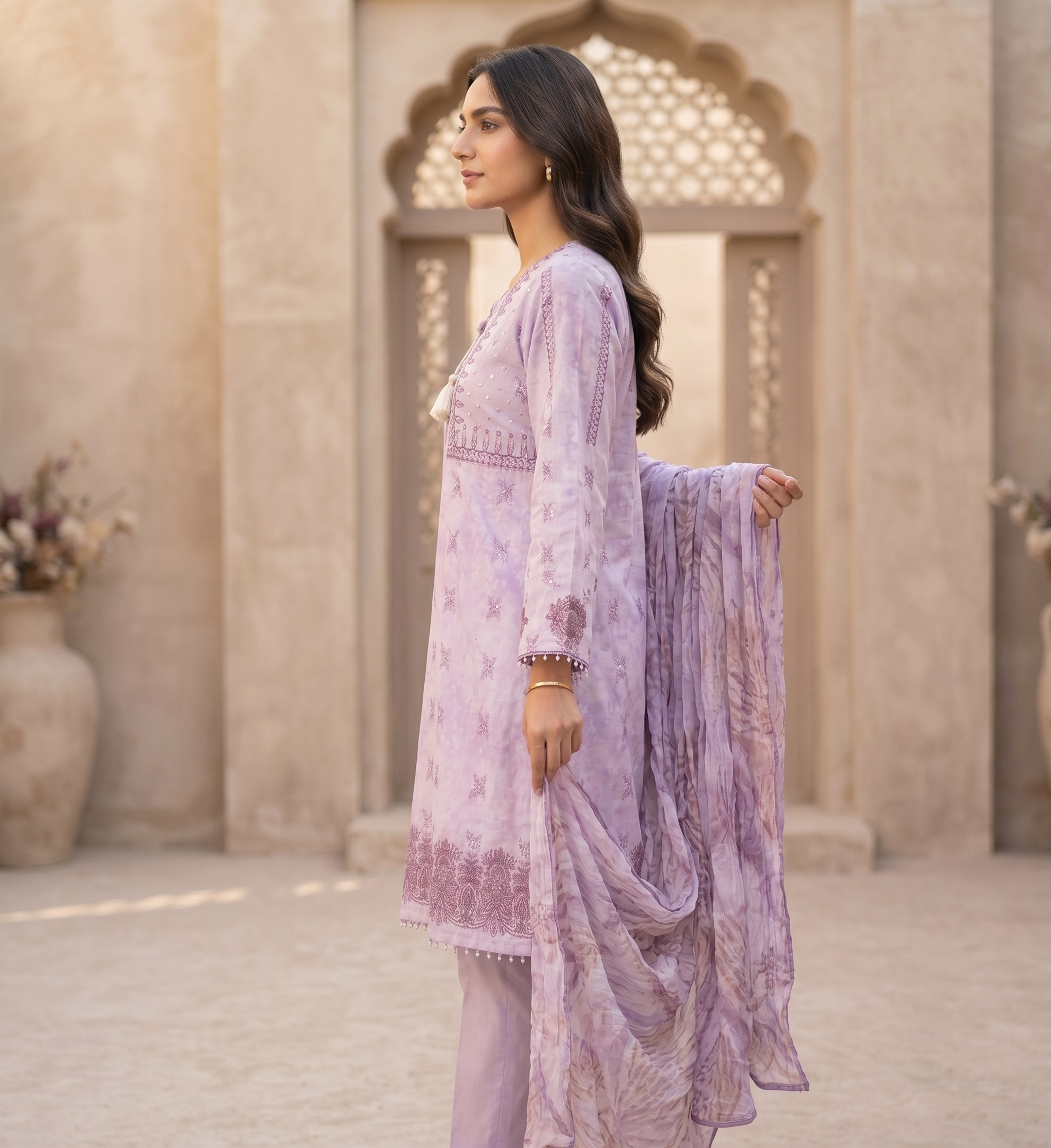 Elegant Pastel Purple Embroidered Kurti, Trouser, and Dupatta Set