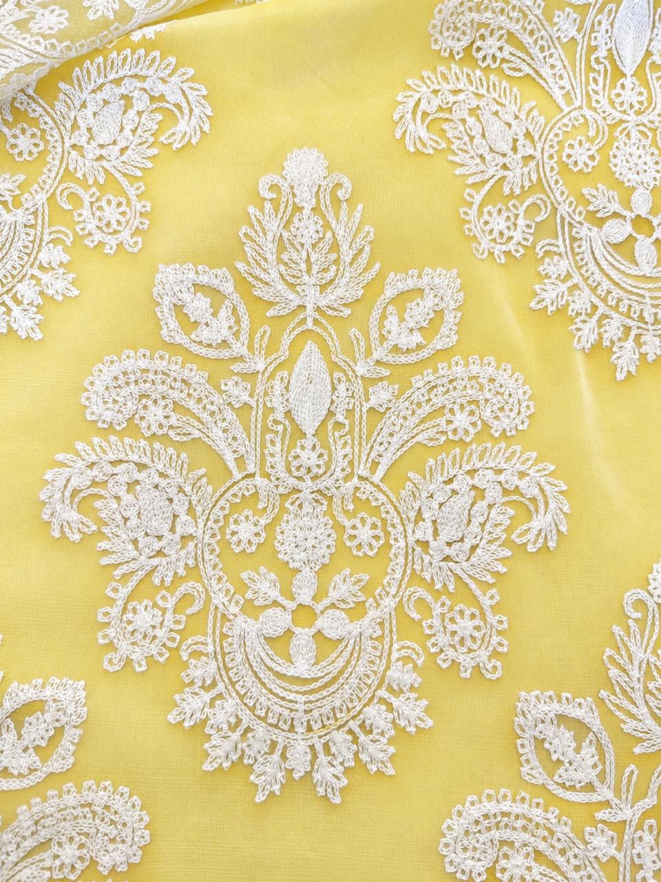 Luxury Lemon Yellow Pure Thread  Embroidered 3-Piece Suit .