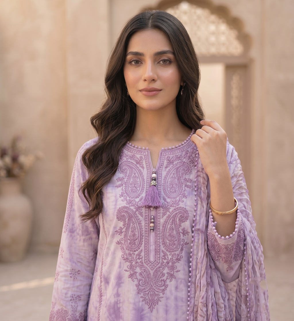 Elegant Pastel Purple Embroidered Kurti, Trouser, and Dupatta Set