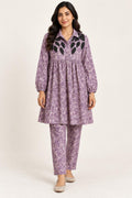 Lavender Floral Printed Co-Ord Set with Elegant  Detail On China Patti Fabric .