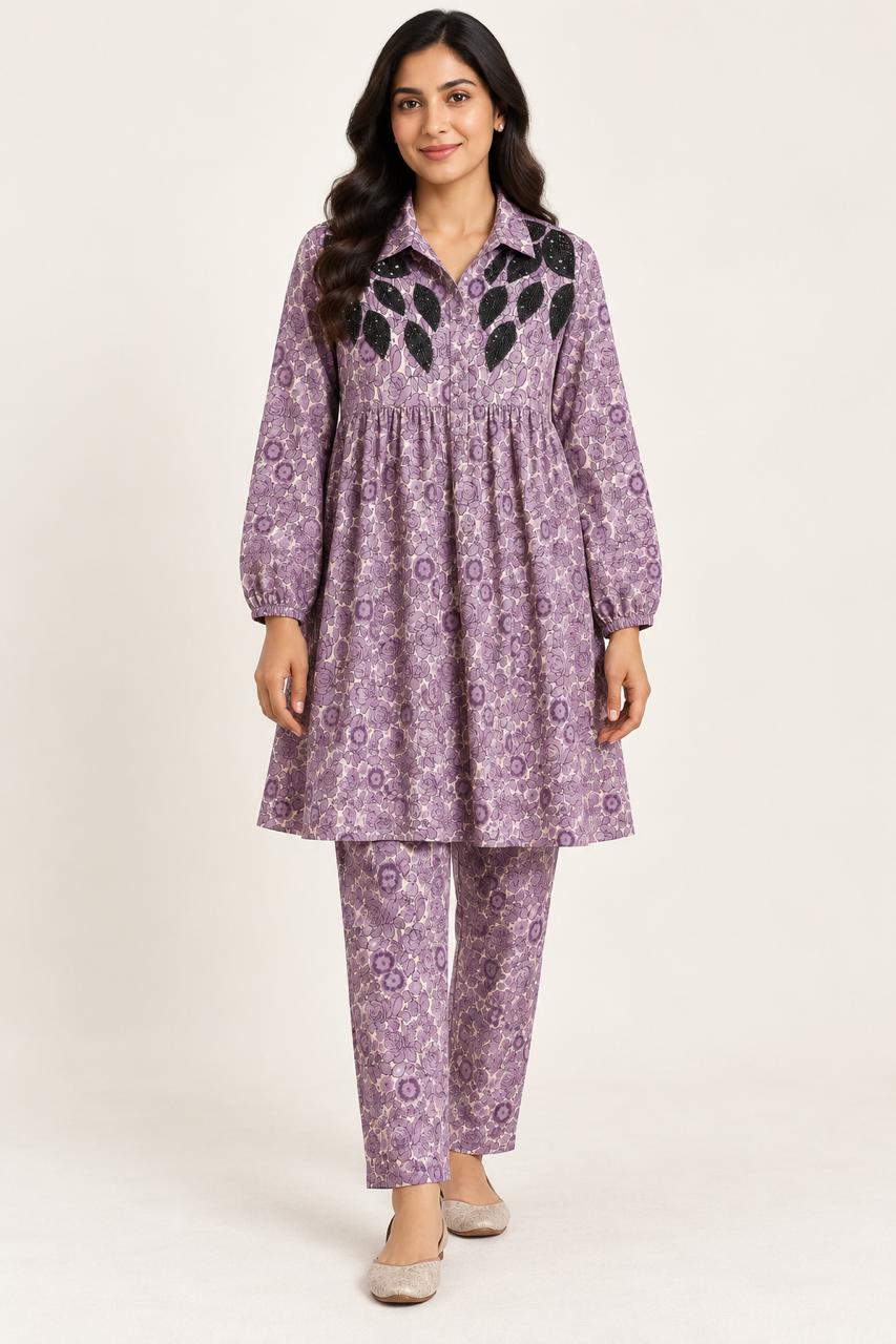 Lavender Floral Printed Co-Ord Set with Elegant  Detail On China Patti Fabric .