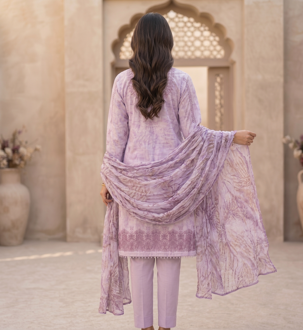 Elegant Pastel Purple Embroidered Kurti, Trouser, and Dupatta Set