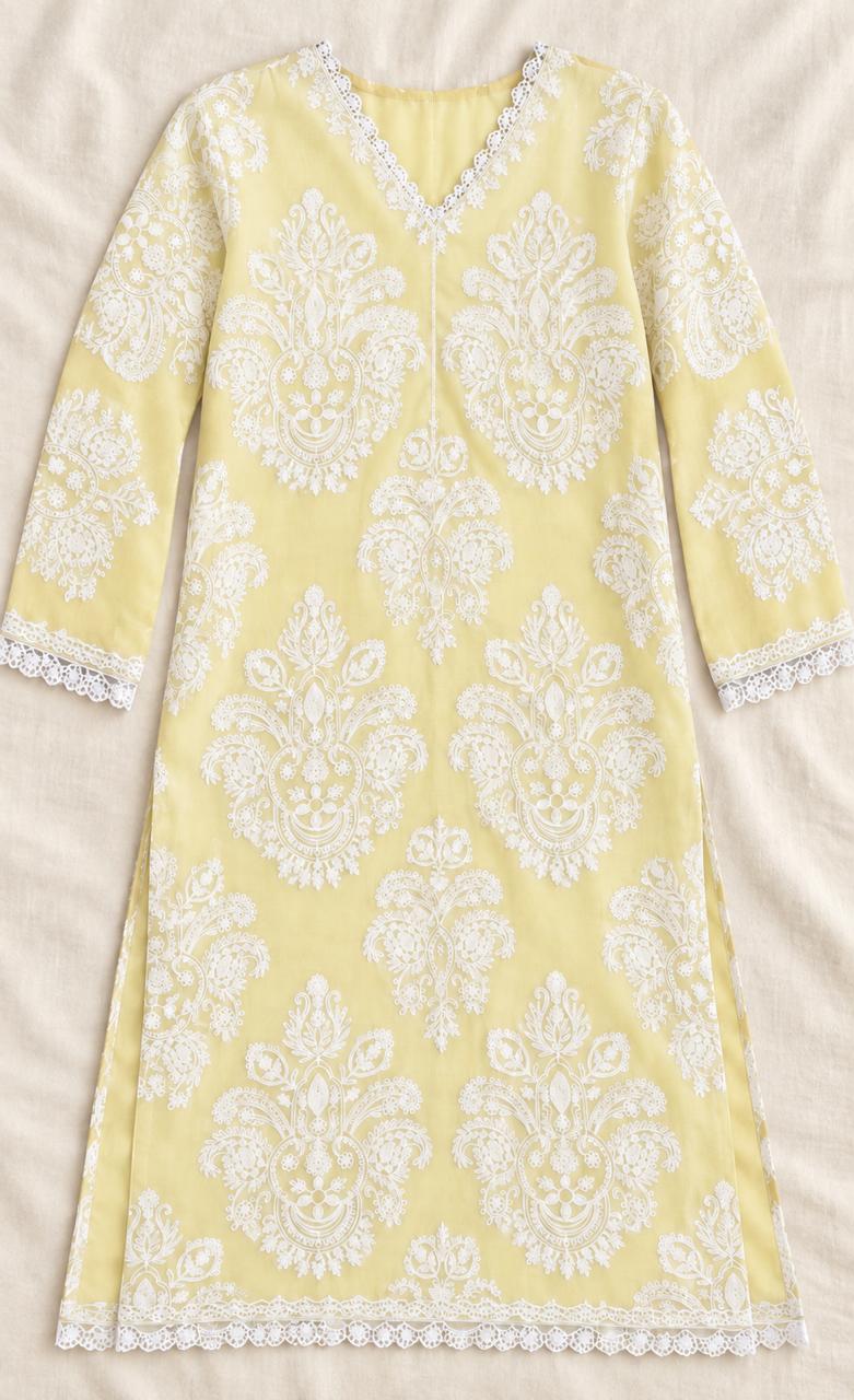 Luxury Lemon Yellow Pure Thread  Embroidered 3-Piece Suit .