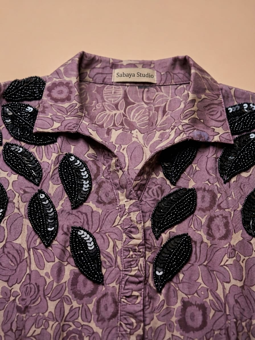 Lavender Floral Printed Co-Ord Set with Elegant  Detail On China Patti Fabric .