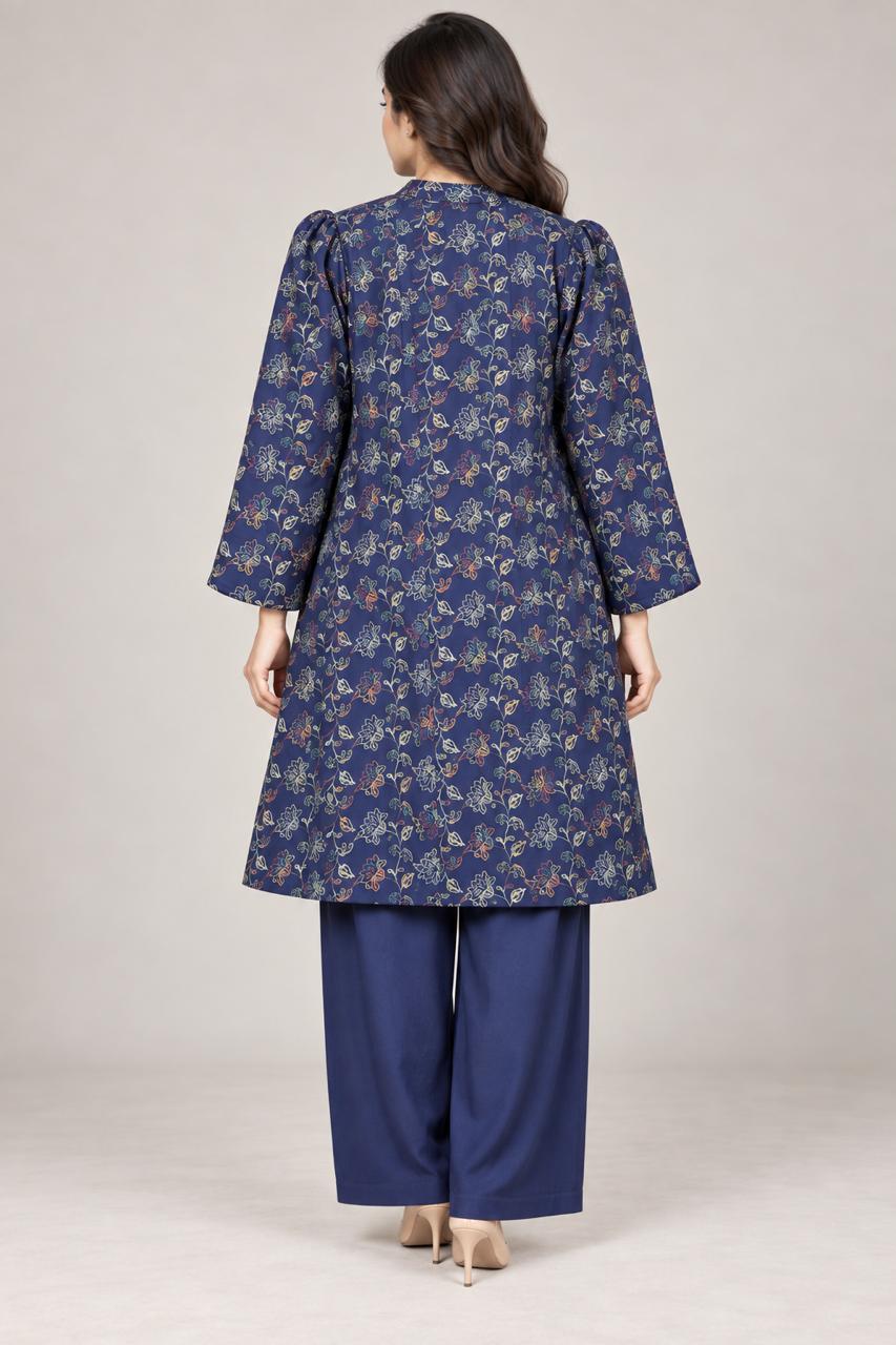 Navy Blue Floral Embroidery 3-Piece Kurta Set.