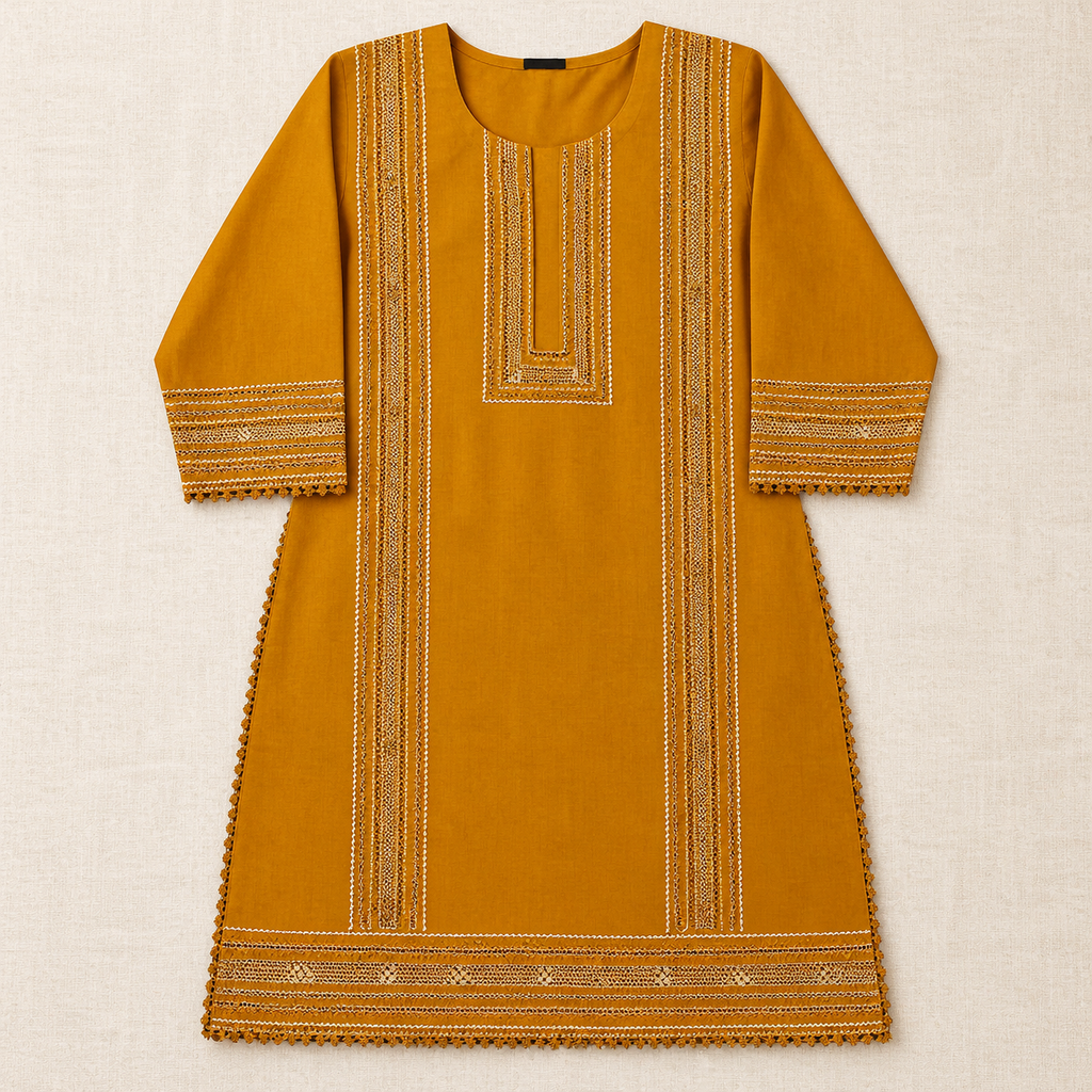 Mustard Tarkashi Embroidered Kurta And Printed shalwar2-Piece Set On karandy Winter Fabric