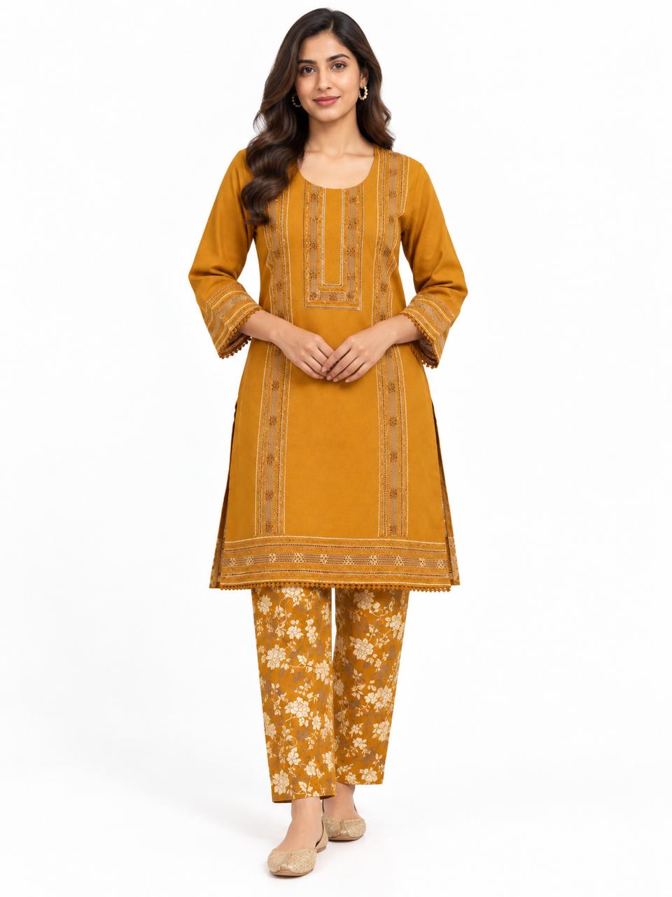 Mustard Tarkashi Embroidered Kurta And Printed shalwar2-Piece Set On karandy Winter Fabric