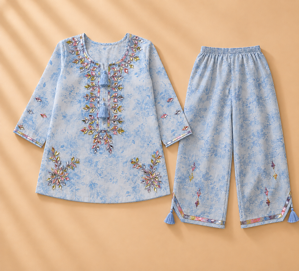 Pastel Blue Floral Embroidered Outfit.