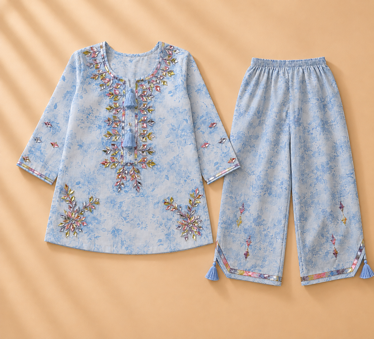 Pastel Blue Floral Embroidered Outfit.