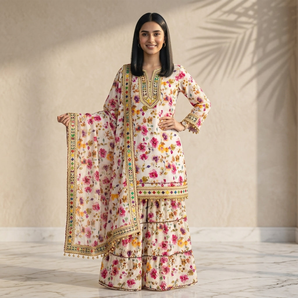 Elegant Off-White & Pink Floral Printed Sharara Set with Dupatta