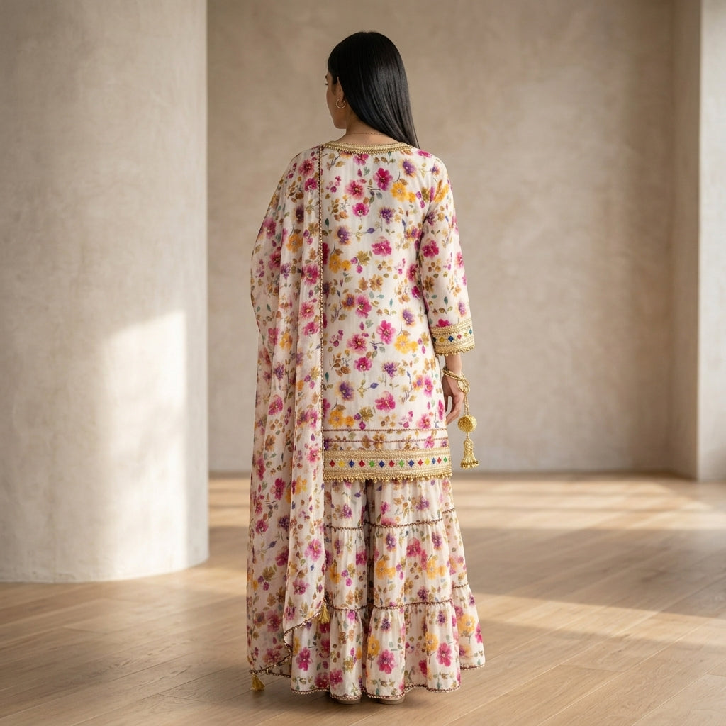 Elegant Off-White & Pink Floral Printed Sharara Set with Dupatta