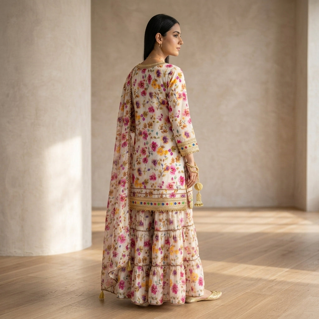 Elegant Off-White & Pink Floral Printed Sharara Set with Dupatta