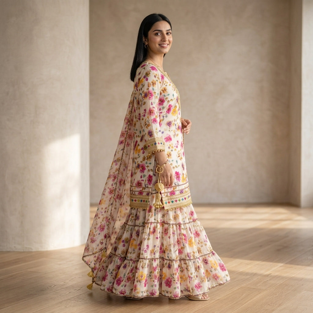 Elegant Off-White & Pink Floral Printed Sharara Set with Dupatta