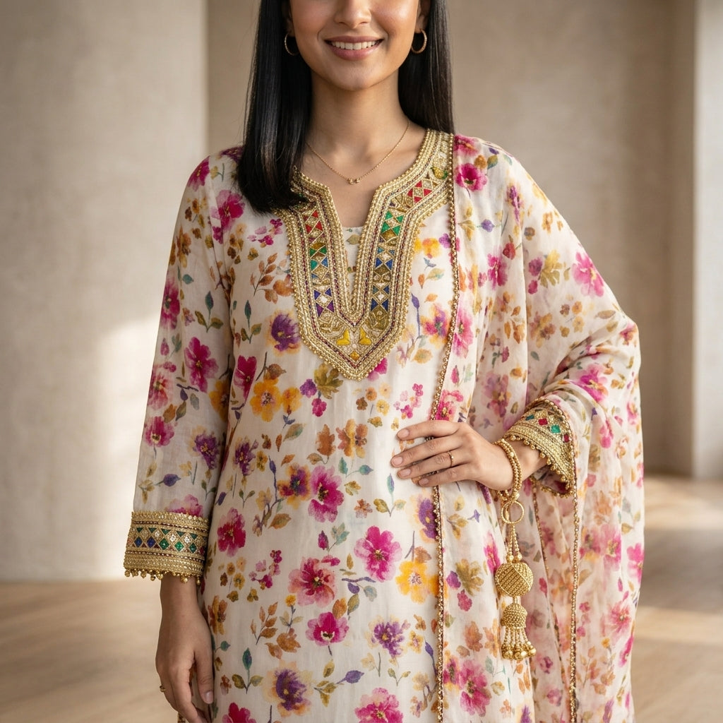 Elegant Off-White & Pink Floral Printed Sharara Set with Dupatta