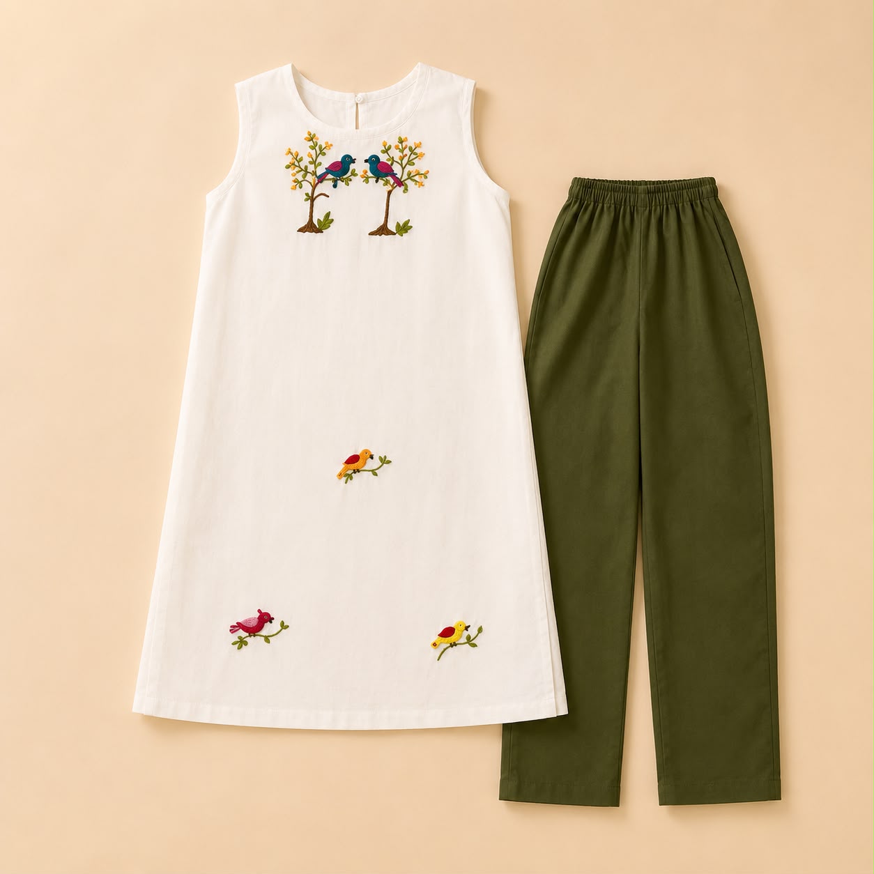 Off-White Bird Embroidered Sleeveless Shirt & Olive Trousers Set