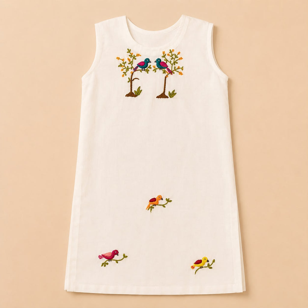 Off-White Bird Embroidered Sleeveless Shirt & Olive Trousers Set