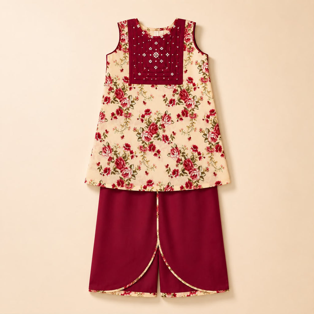 Maroon Floral Printed Sleeveless Kurti & Tulip Trouser Set
