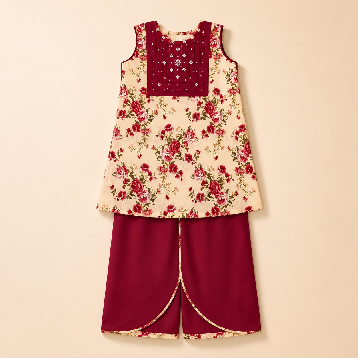 Maroon Floral Printed Sleeveless Kurti & Tulip Trouser Set