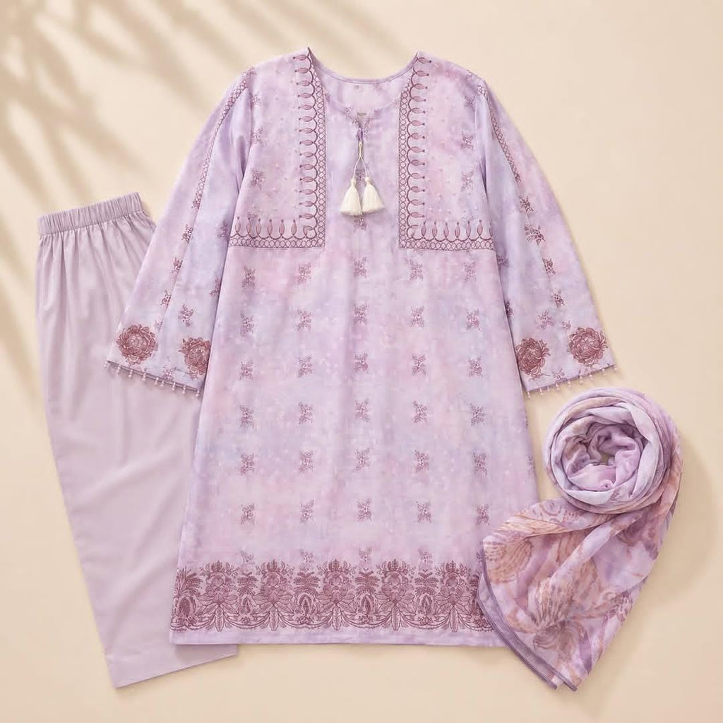 Elegant Pastel Purple Embroidered Kurti, Trouser, and Dupatta Set