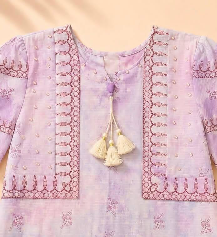 Elegant Pastel Purple Embroidered Kurti, Trouser, and Dupatta Set