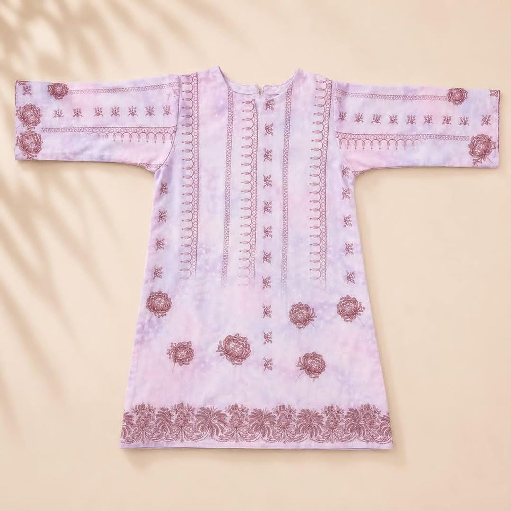 Elegant Pastel Purple Embroidered Kurti, Trouser, and Dupatta Set