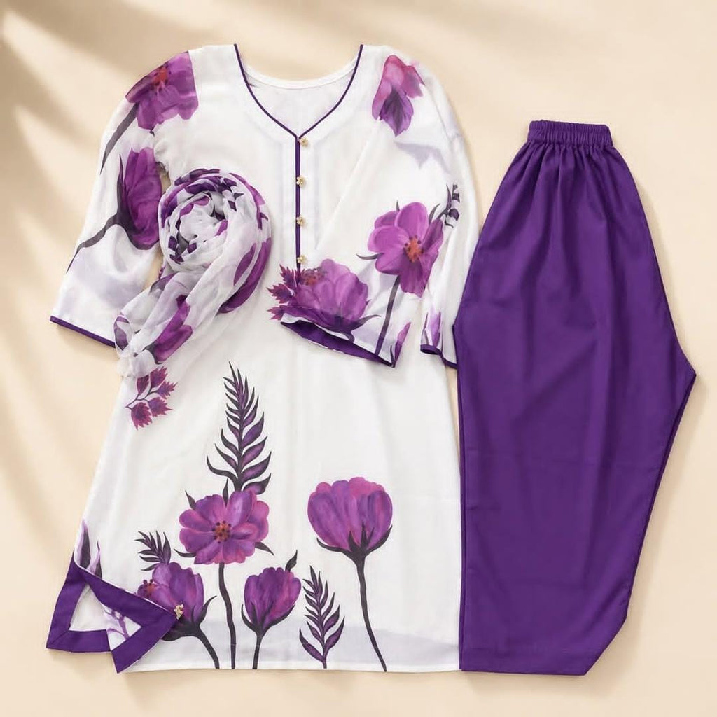 Purple Floral Printed White 3-Piece Lawn Suit with Dupatta