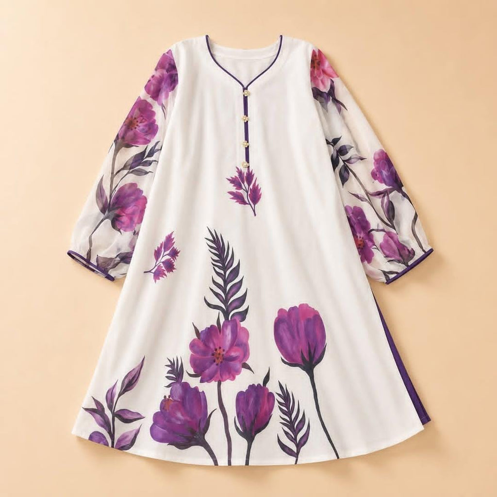 Purple Floral Printed White 3-Piece Lawn Suit with Dupatta