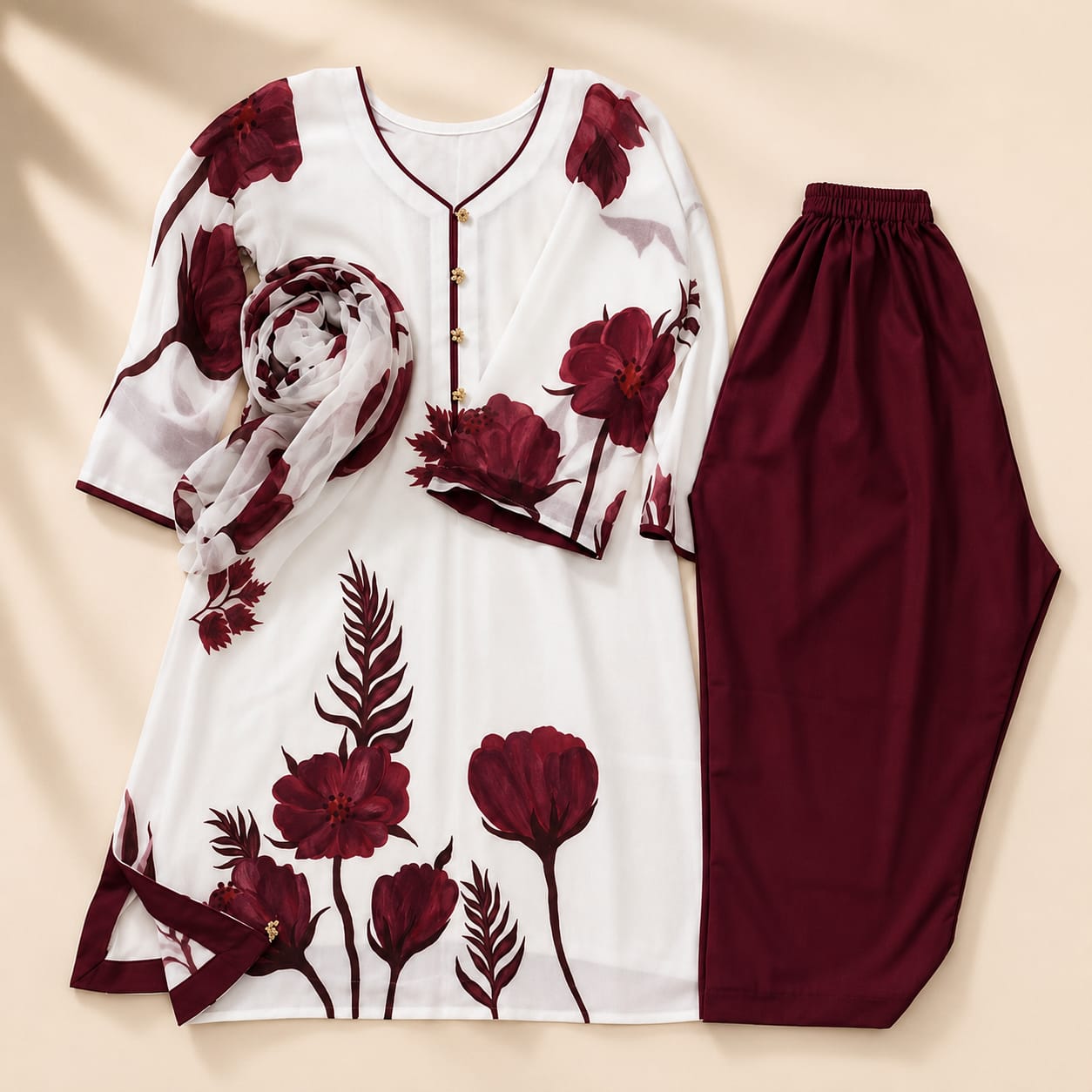 Premium Stitched Floral 3-Piece Outfit with Wide-Leg Trousers