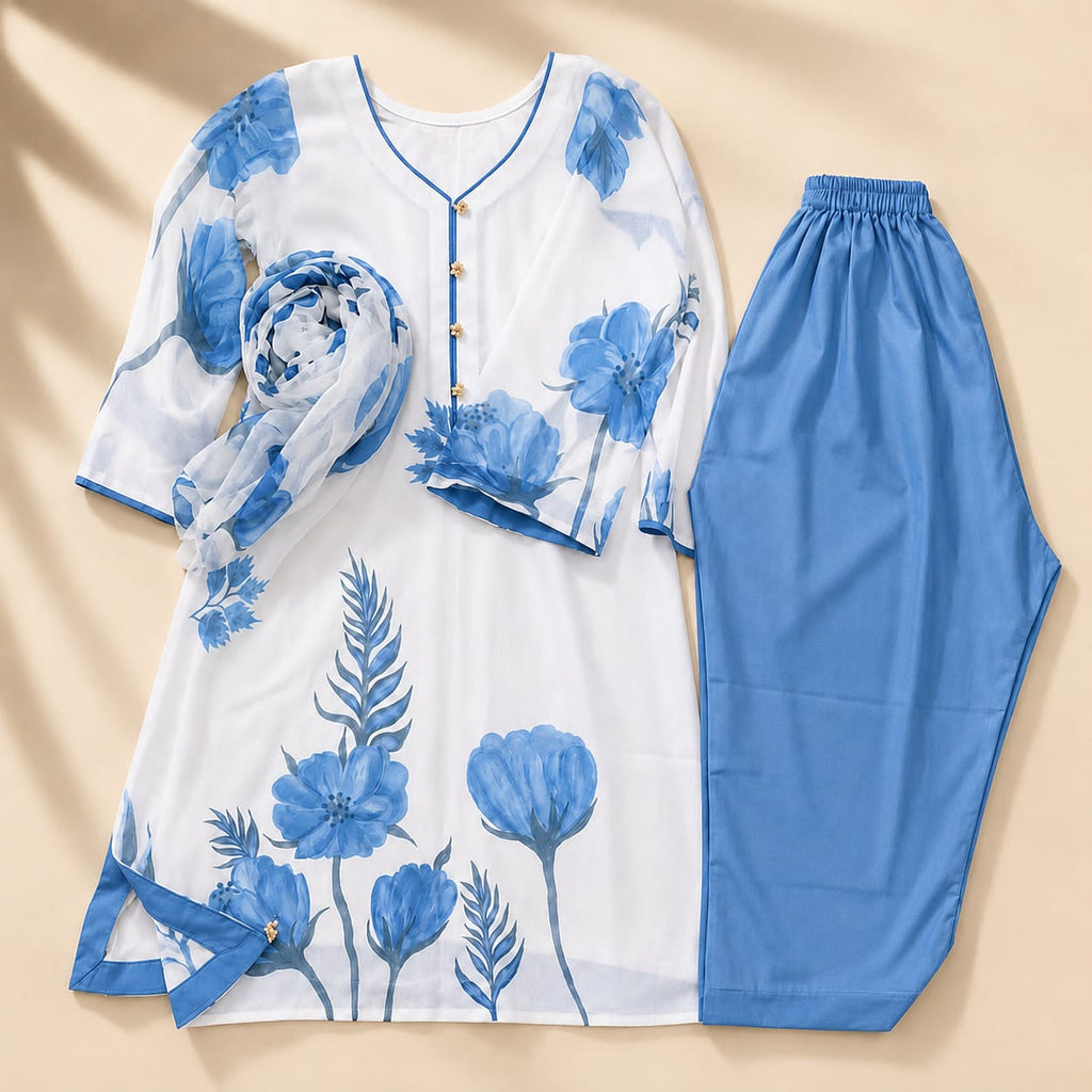 Premium Stitched Floral 3-Piece Outfit with Wide-Leg Trousers