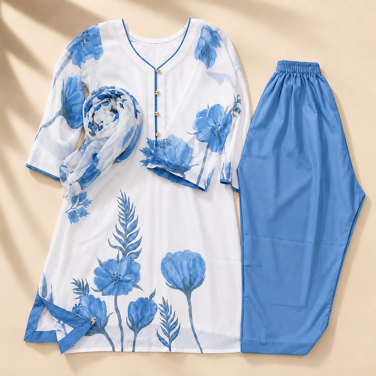 Premium Stitched Floral 3-Piece Outfit with Wide-Leg Trousers