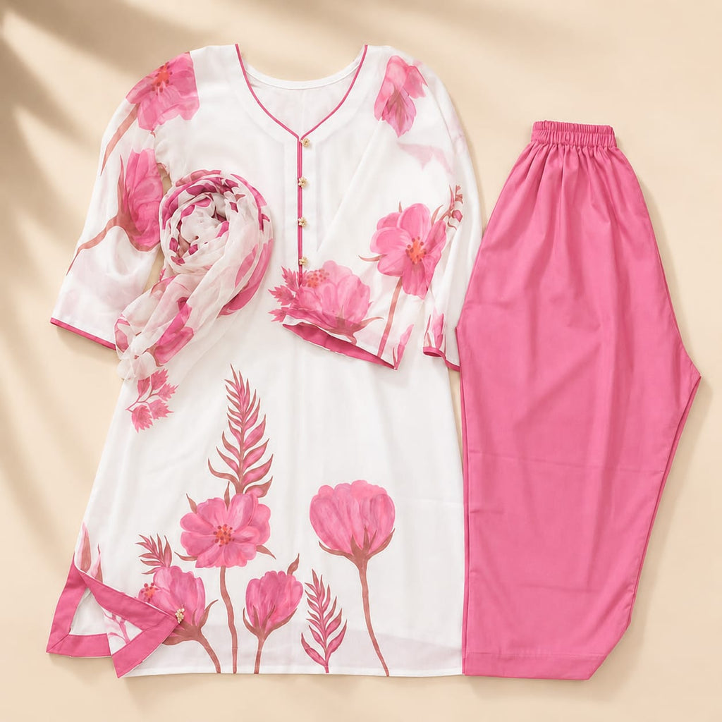 Premium Stitched Floral 3-Piece Outfit with Wide-Leg Trousers