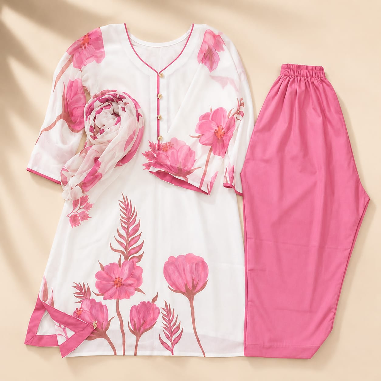 Premium Stitched Floral 3-Piece Outfit with Wide-Leg Trousers
