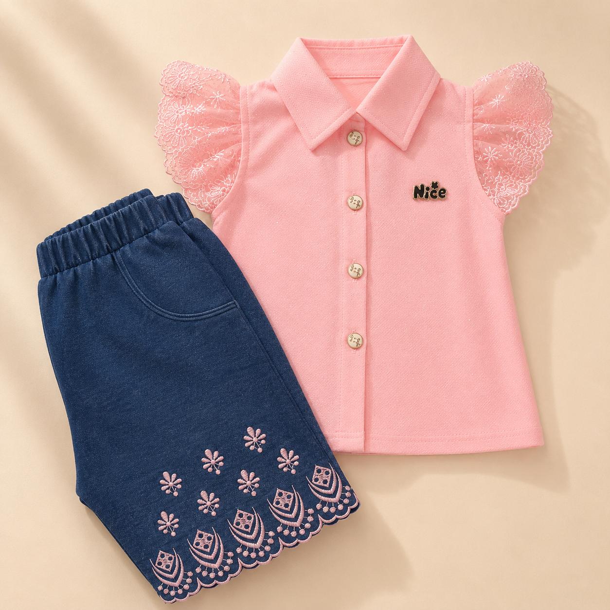 Stylish Summer 2-Piece Outfit for Girls: Lace Top & Denim Shorts