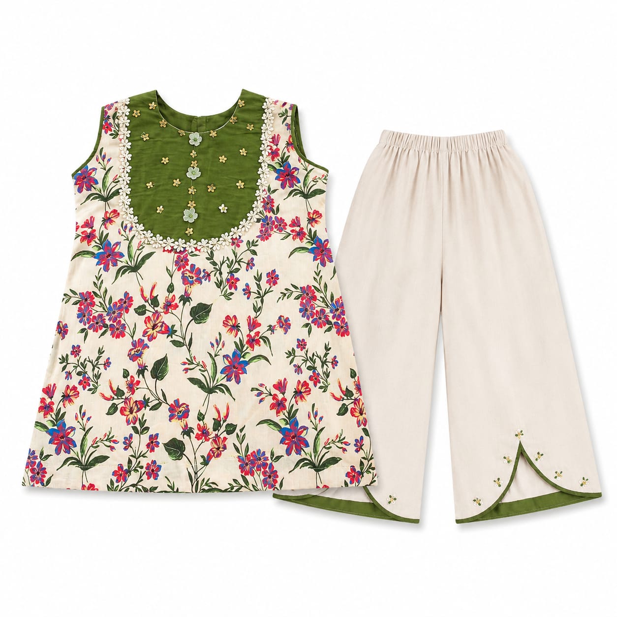 Off-White Floral Print Sleeveless Top with Slit Trousers Set