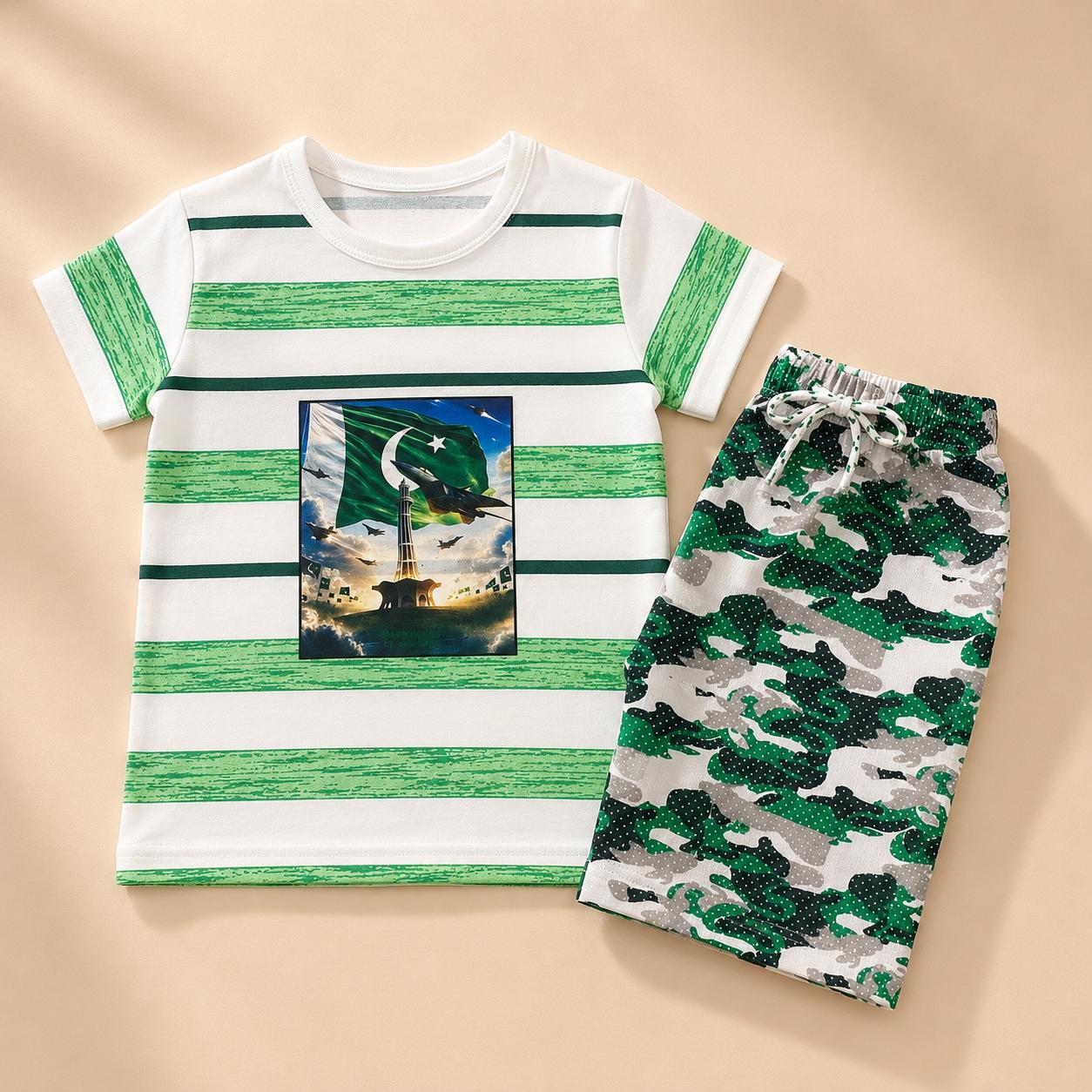 Boys 14th August Patriotic Graphic Tee & Camouflage Shorts Suit