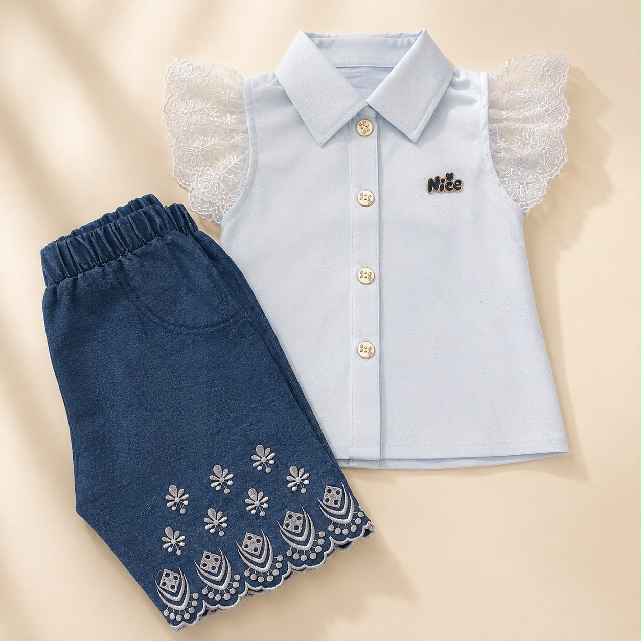 Stylish Summer 2-Piece Outfit for Girls: Lace Top & Denim Shorts