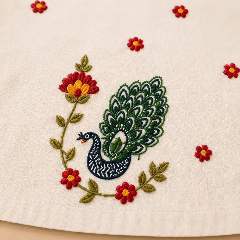 Girls’ Traditional White & Red  Dress With Peacock Floral Hand  Embroidery.