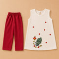 Girls’ Traditional White & Red  Dress With Peacock Floral Hand  Embroidery.