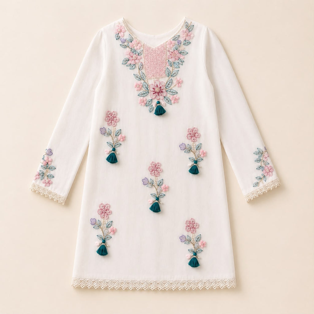 Premium White Floral Embroidered 3-Piece Stitched Festive Suit for Girls