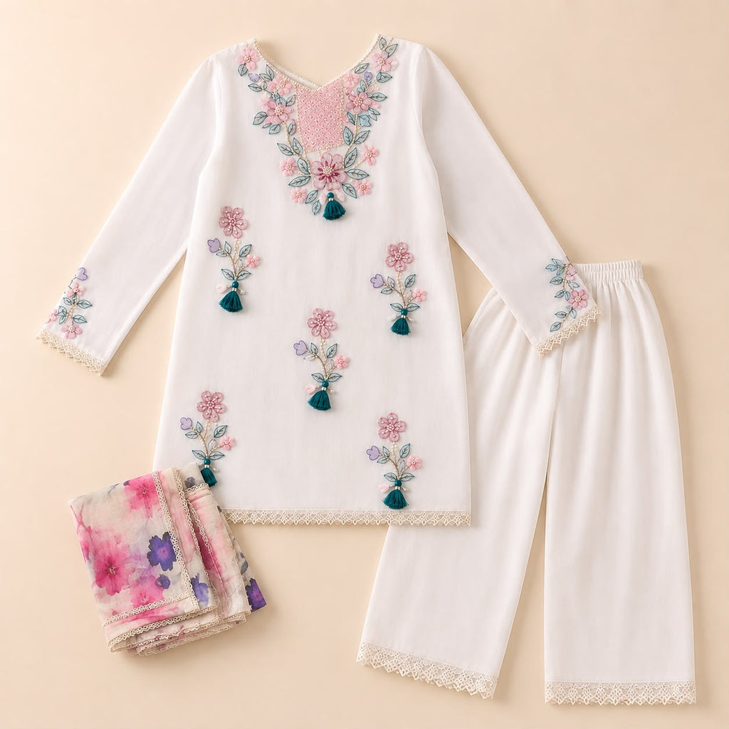 Premium White Floral Embroidered 3-Piece Stitched Festive Suit for Girls